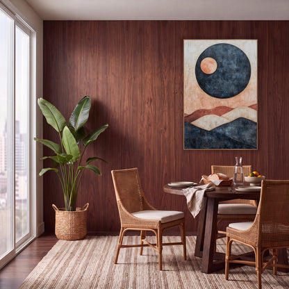 Navy Orb Terracotta Hills Boho wall art in a warm boho-style room – abstract boho artwork of a large navy circle