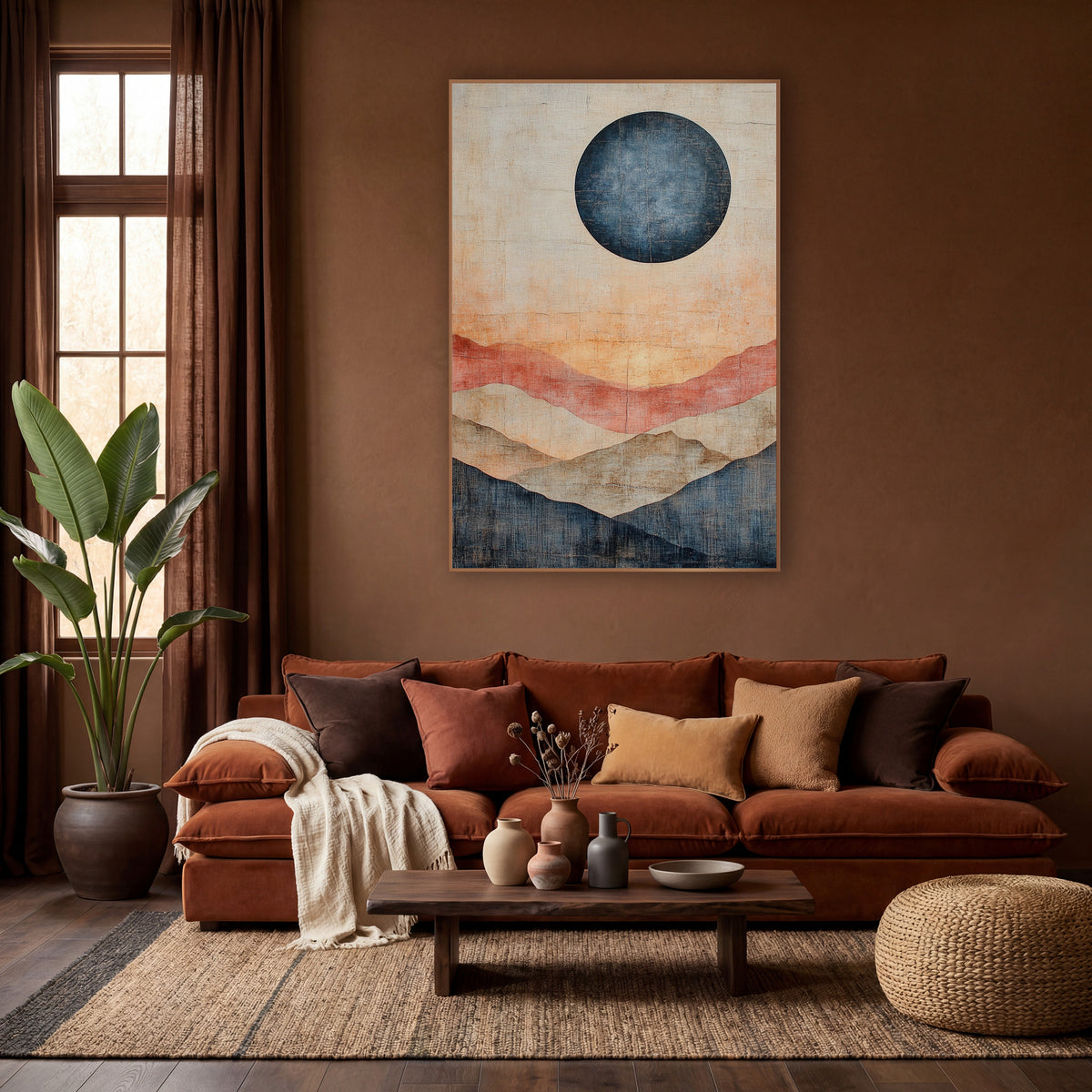 Navy Moon Layered Hills Abstract wall art in a warm boho-style room – abstract landscape with a large navy moon above