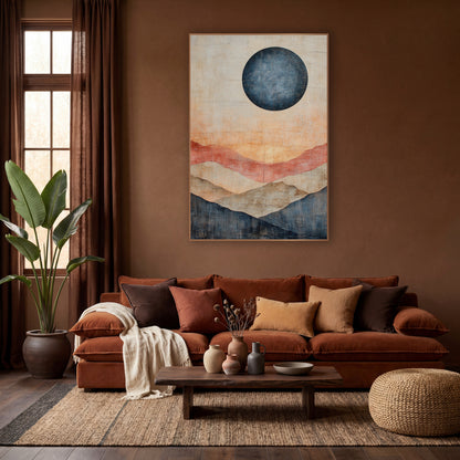 Navy Moon Layered Hills Abstract wall art in a warm boho-style room – abstract landscape with a large navy moon above