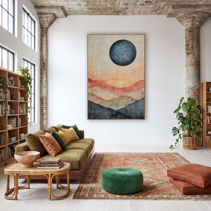 Navy Moon Layered Hills Abstract wall art in a warm boho-style room – abstract landscape with a large navy moon above