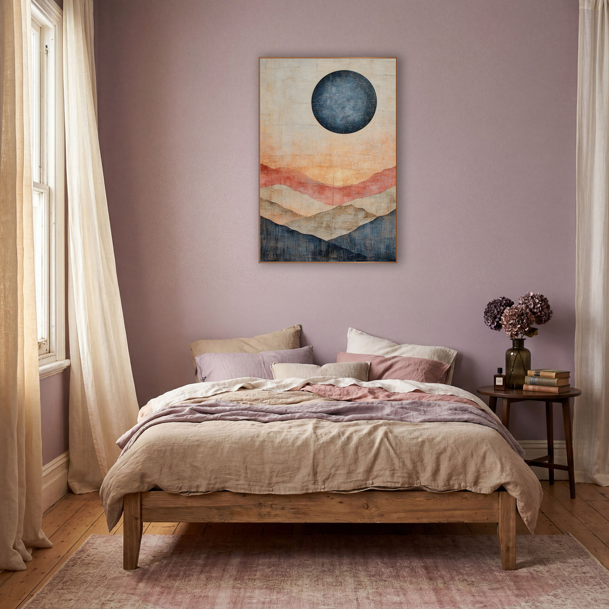 Navy Moon Layered Hills Abstract wall art in a warm boho-style room – abstract landscape with a large navy moon above