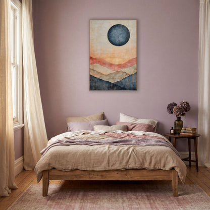 Navy Moon Layered Hills Abstract wall art in a warm boho-style room – abstract landscape with a large navy moon above