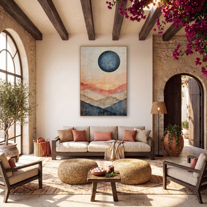 Navy Moon Layered Hills Abstract wall art in a warm boho-style room – abstract landscape with a large navy moon above