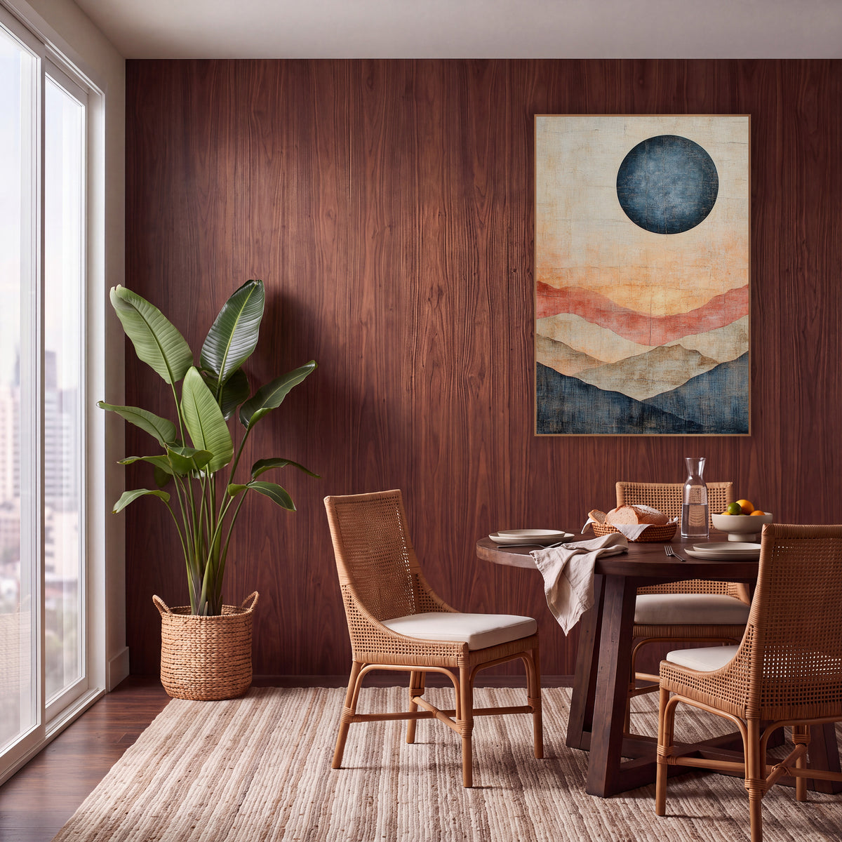 Navy Moon Layered Hills Abstract wall art in a warm boho-style room – abstract landscape with a large navy moon above