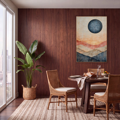 Navy Moon Layered Hills Abstract wall art in a warm boho-style room – abstract landscape with a large navy moon above