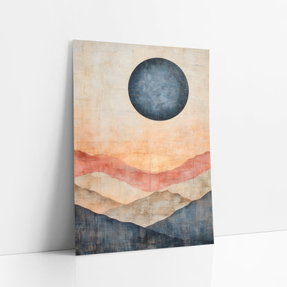 Navy Moon Layered Hills Abstract art print leaning against a white wall – abstract landscape with a large navy moon above