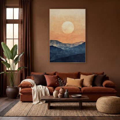 Pale Sun Indigo Hills Landscape wall art in a warm boho-style room – large pale sun in a peach and apricot sky above