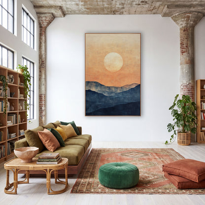 Pale Sun Indigo Hills Landscape wall art in a warm boho-style room – large pale sun in a peach and apricot sky above