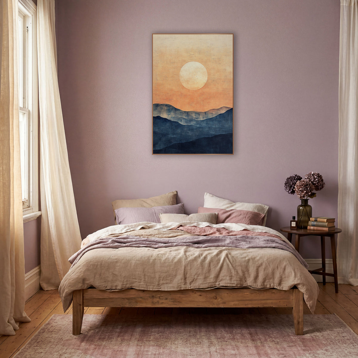 Pale Sun Indigo Hills Landscape wall art in a warm boho-style room – large pale sun in a peach and apricot sky above