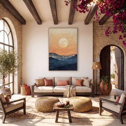 Pale Sun Indigo Hills Landscape wall art in a warm boho-style room – large pale sun in a peach and apricot sky above