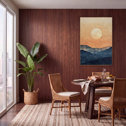 Pale Sun Indigo Hills Landscape wall art in a warm boho-style room – large pale sun in a peach and apricot sky above