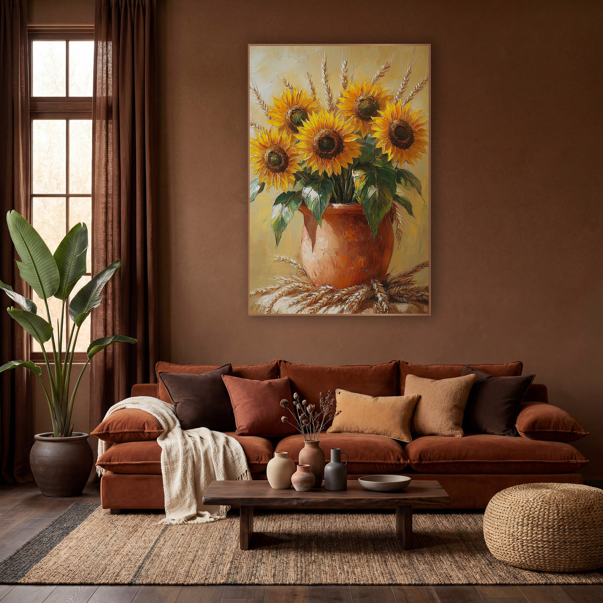 Golden Sunflower Wheat Bouquet Boho wall art in a warm boho-style room – yellow sunflowers and wheat stalks