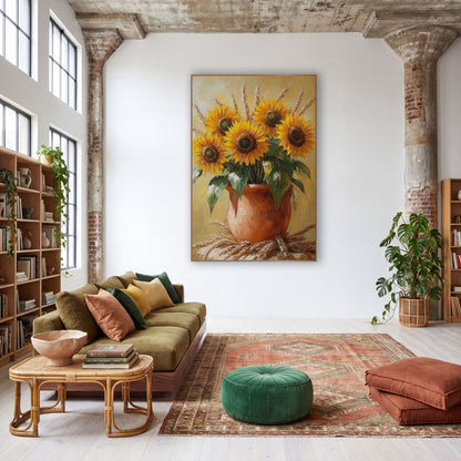 Golden Sunflower Wheat Bouquet Boho wall art in a warm boho-style room – yellow sunflowers and wheat stalks