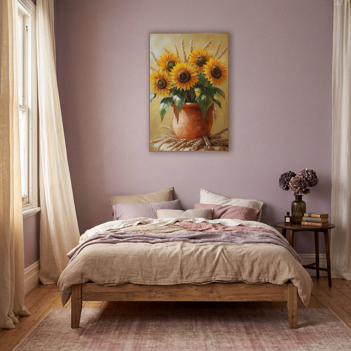 Golden Sunflower Wheat Bouquet Boho wall art in a warm boho-style room – yellow sunflowers and wheat stalks