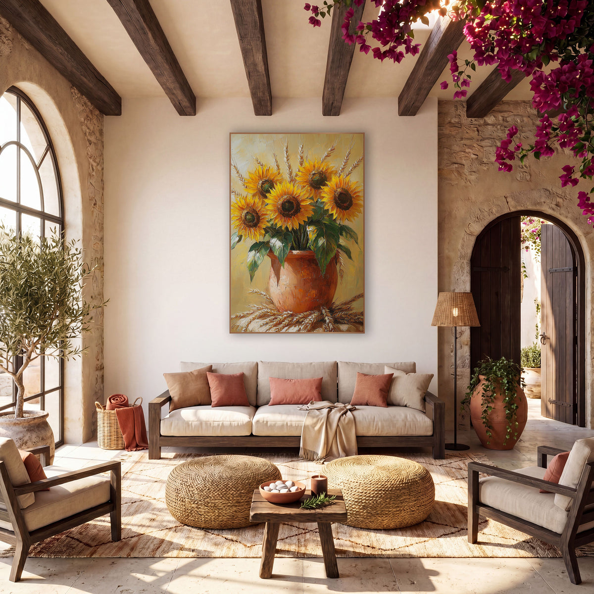 Golden Sunflower Wheat Bouquet Boho wall art in a warm boho-style room – yellow sunflowers and wheat stalks