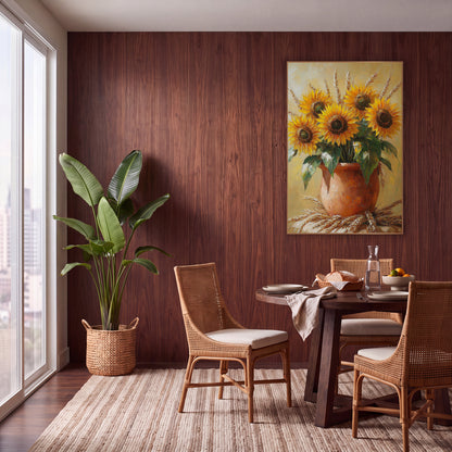Golden Sunflower Wheat Bouquet Boho wall art in a warm boho-style room – yellow sunflowers and wheat stalks