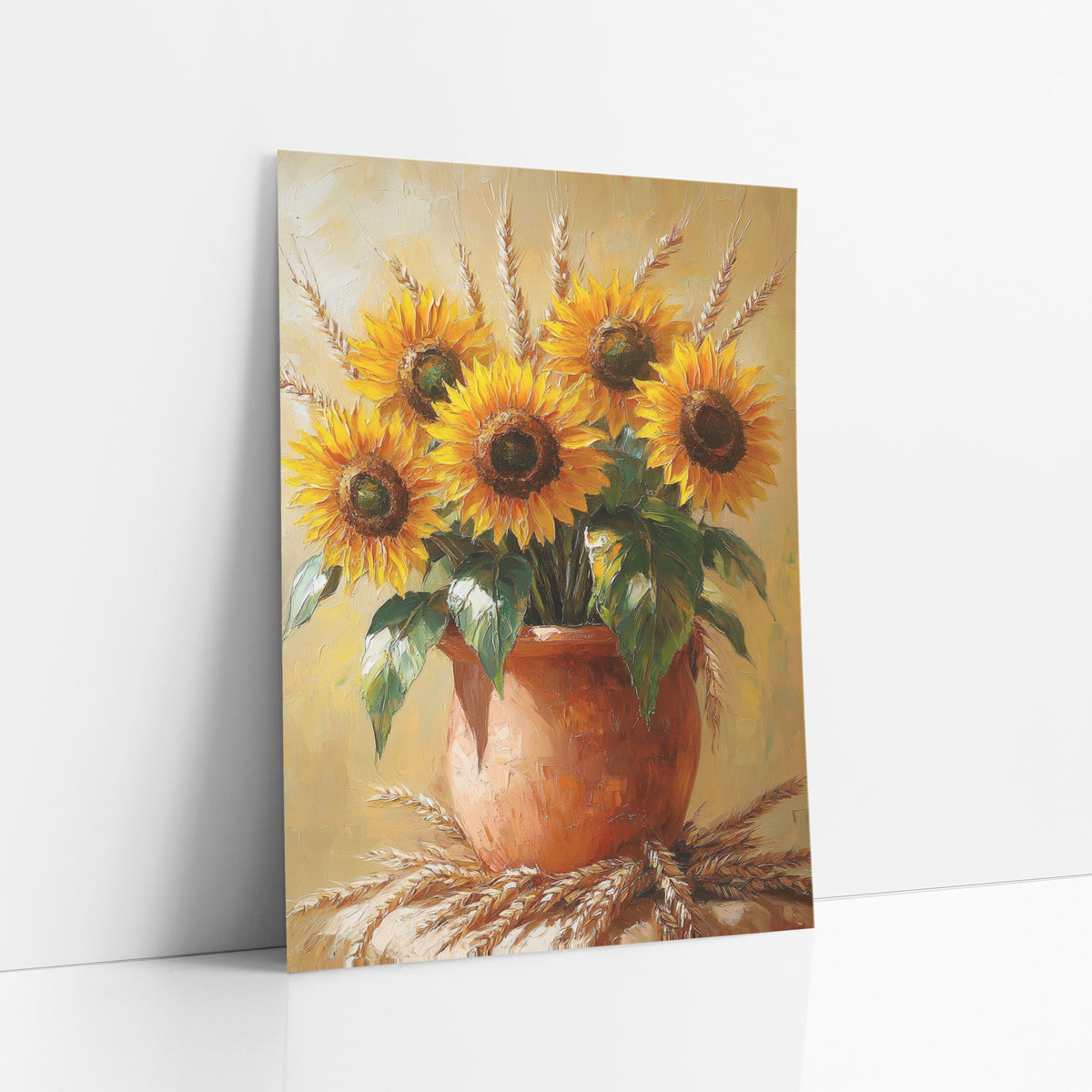 Golden Sunflower Wheat Bouquet Boho art print leaning against a white wall – yellow sunflowers and wheat stalks