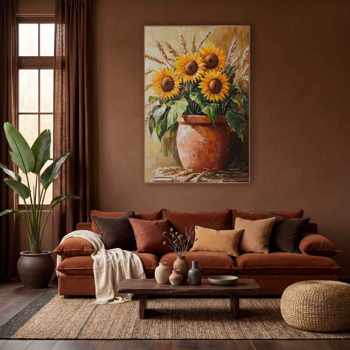 Sunflower and Wheat Terracotta Bohemian wall art in a warm boho-style room – four orange sunflowers and golden wheat