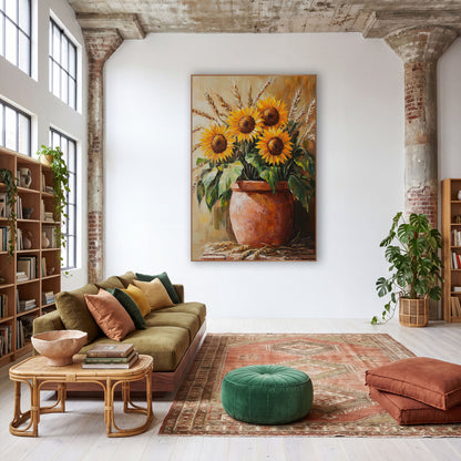 Sunflower and Wheat Terracotta Bohemian wall art in a warm boho-style room – four orange sunflowers and golden wheat