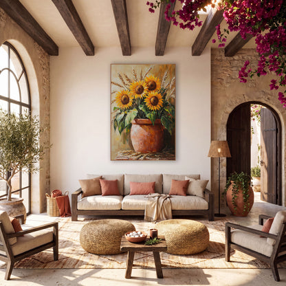 Sunflower and Wheat Terracotta Bohemian wall art in a warm boho-style room – four orange sunflowers and golden wheat