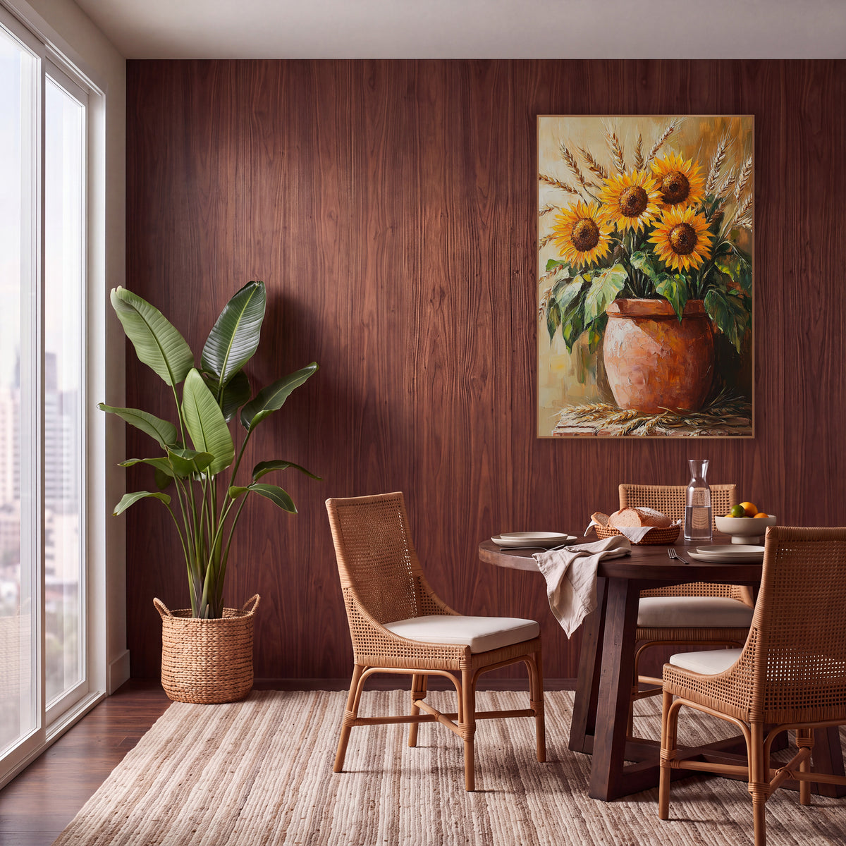 Sunflower and Wheat Terracotta Bohemian wall art in a warm boho-style room – four orange sunflowers and golden wheat