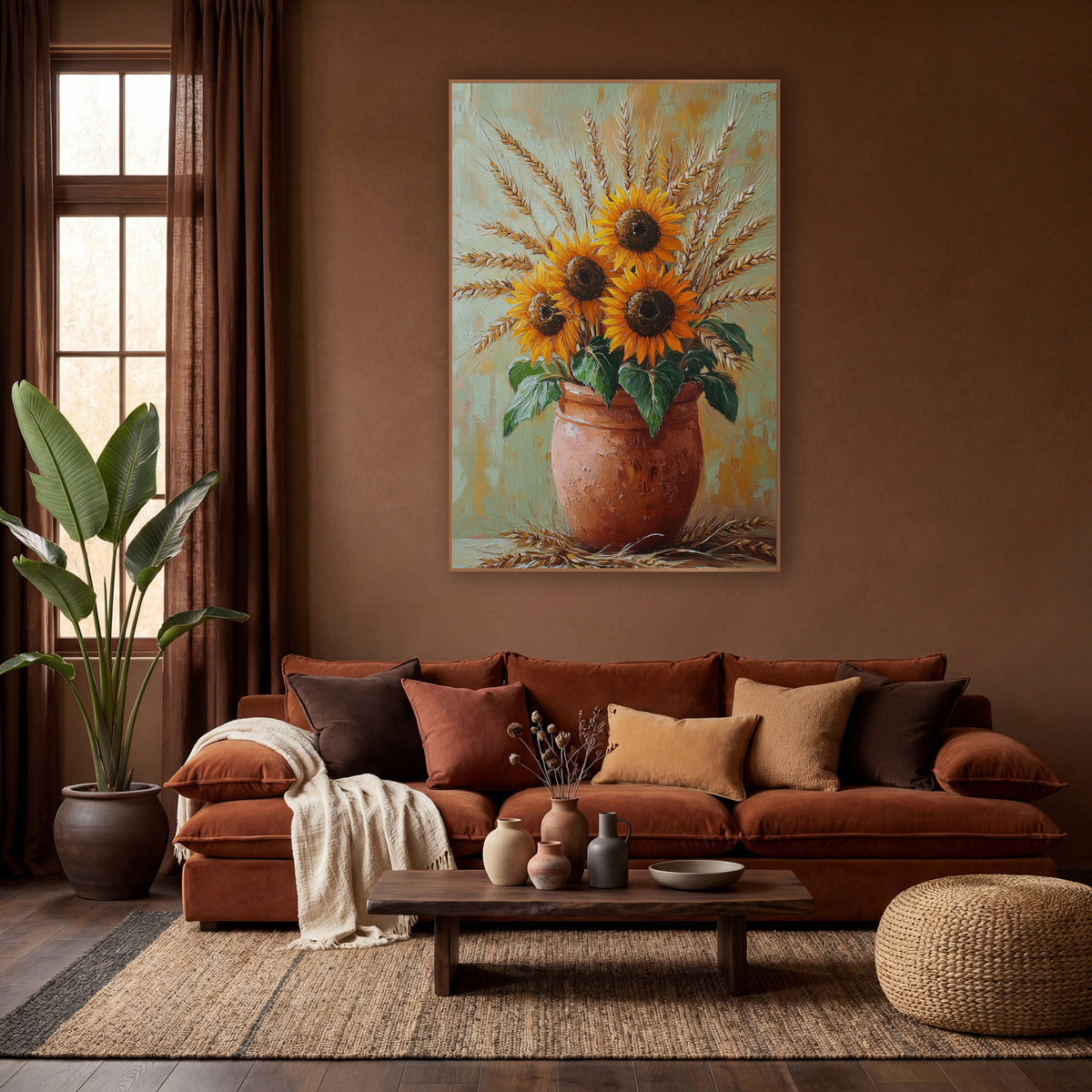 Sunflowers Wheat Terracotta Pot Boho wall art in a warm boho-style room – three orange sunflowers and golden wheat