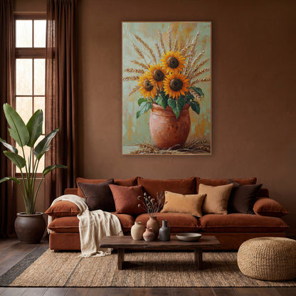Sunflowers Wheat Terracotta Pot Boho wall art in a warm boho-style room – three orange sunflowers and golden wheat