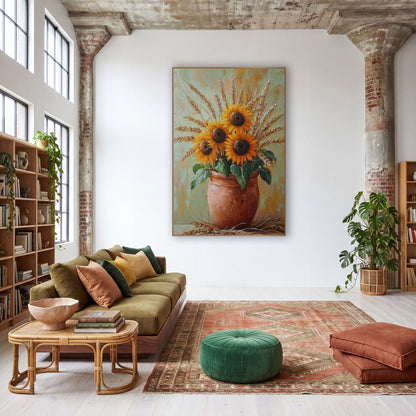 Sunflowers Wheat Terracotta Pot Boho wall art in a warm boho-style room – three orange sunflowers and golden wheat
