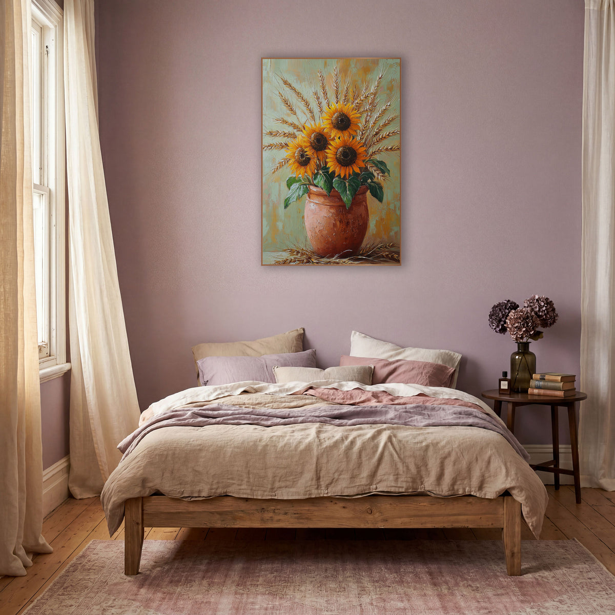 Sunflowers Wheat Terracotta Pot Boho wall art in a warm boho-style room – three orange sunflowers and golden wheat