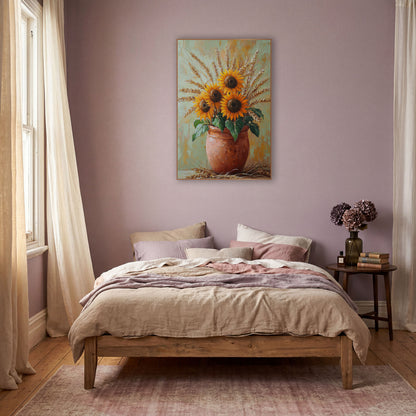 Sunflowers Wheat Terracotta Pot Boho wall art in a warm boho-style room – three orange sunflowers and golden wheat