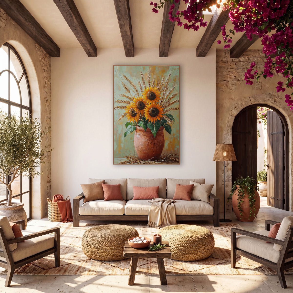 Sunflowers Wheat Terracotta Pot Boho wall art in a warm boho-style room – three orange sunflowers and golden wheat