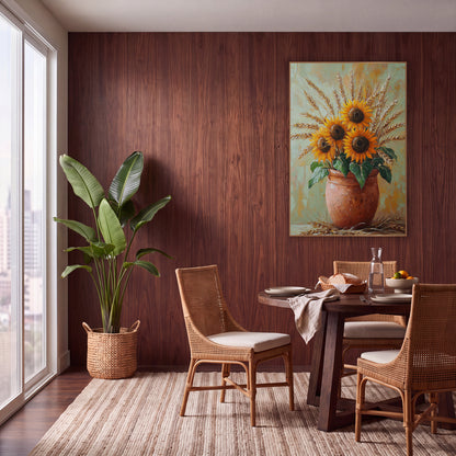 Sunflowers Wheat Terracotta Pot Boho wall art in a warm boho-style room – three orange sunflowers and golden wheat