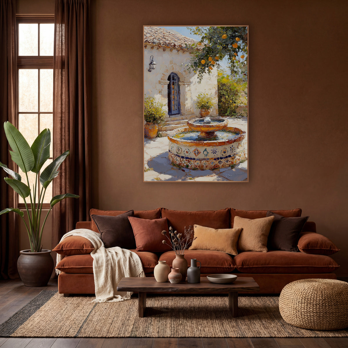 Mediterranean Courtyard Fountain Boho wall art in a warm boho-style room – sunlit courtyard with a tiled fountain