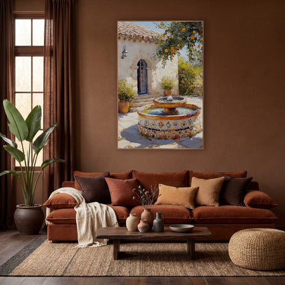 Mediterranean Courtyard Fountain Boho wall art in a warm boho-style room – sunlit courtyard with a tiled fountain