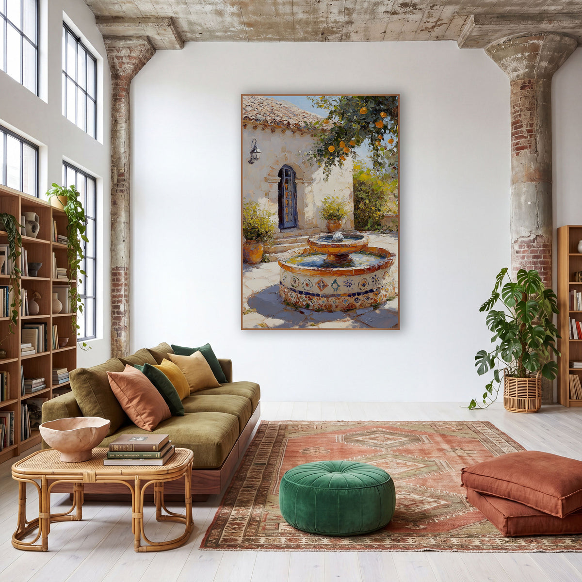Mediterranean Courtyard Fountain Boho wall art in a warm boho-style room – sunlit courtyard with a tiled fountain