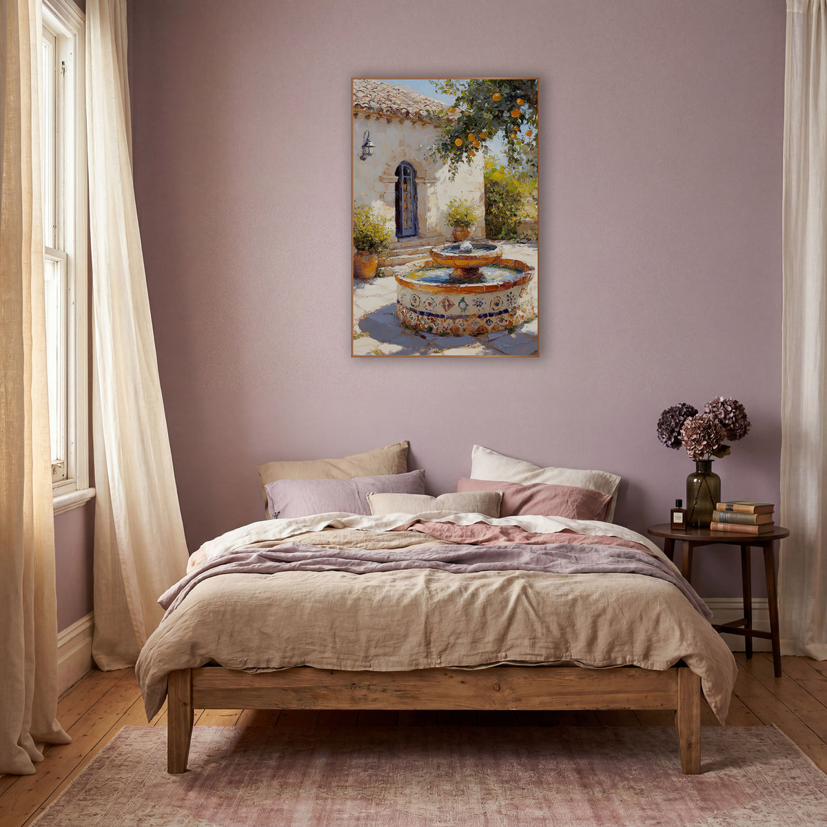 Mediterranean Courtyard Fountain Boho wall art in a warm boho-style room – sunlit courtyard with a tiled fountain