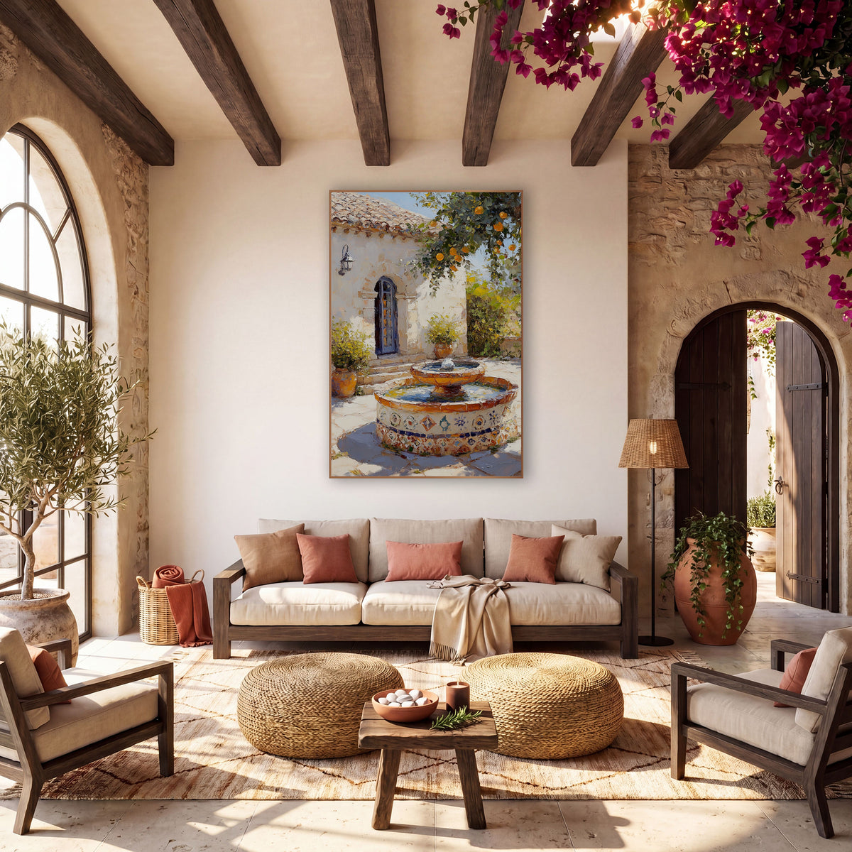 Mediterranean Courtyard Fountain Boho wall art in a warm boho-style room – sunlit courtyard with a tiled fountain