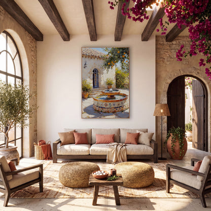 Mediterranean Courtyard Fountain Boho wall art in a warm boho-style room – sunlit courtyard with a tiled fountain