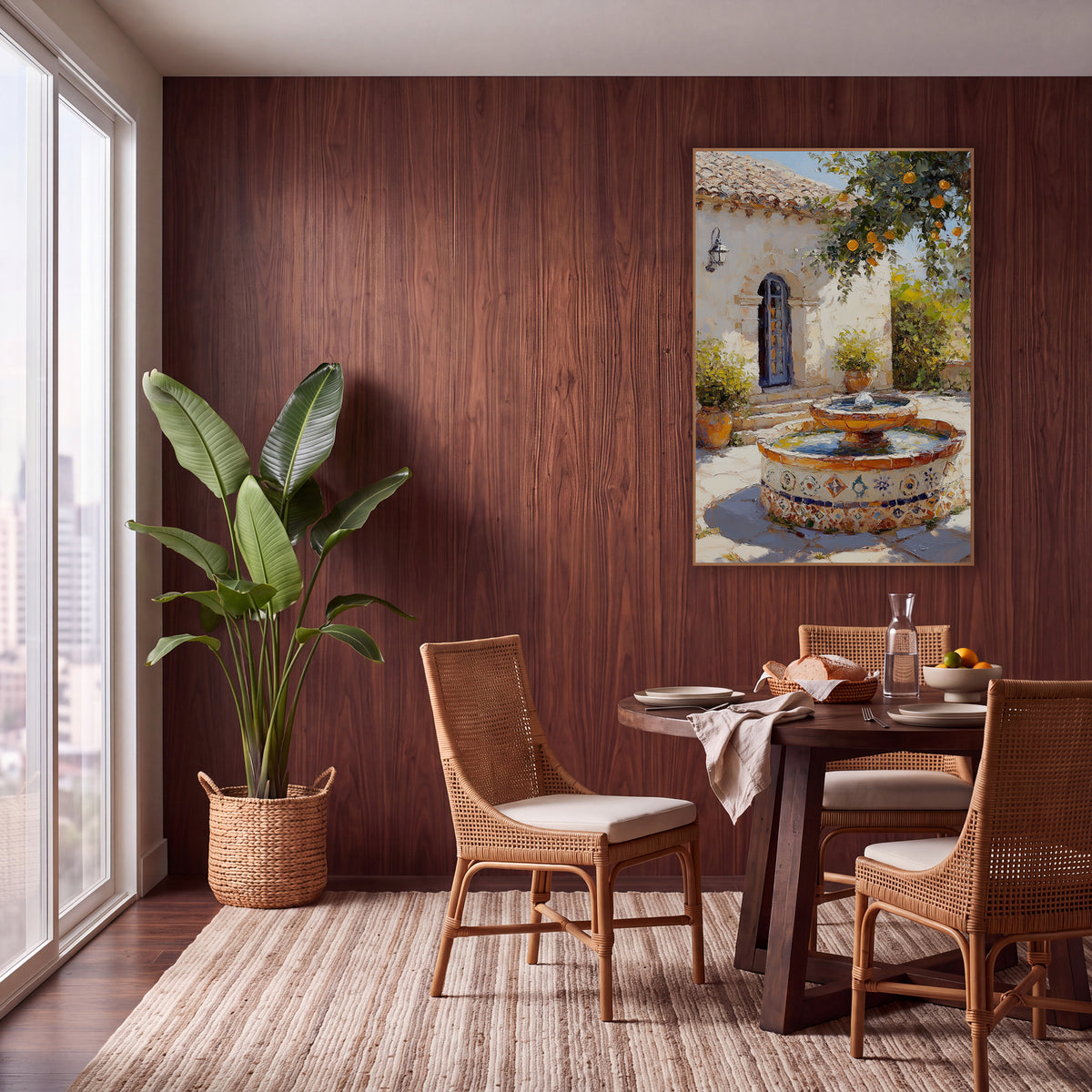 Mediterranean Courtyard Fountain Boho wall art in a warm boho-style room – sunlit courtyard with a tiled fountain