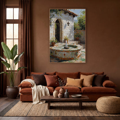 Sunlit Courtyard Tile Fountain Boho wall art in a warm boho-style room – sunlit courtyard with a round tiled fountain