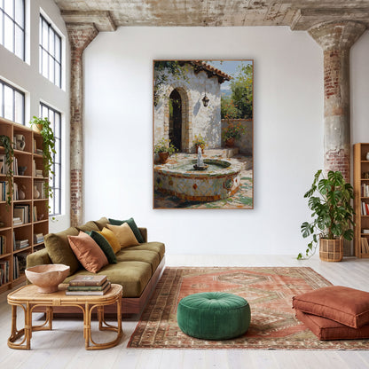 Sunlit Courtyard Tile Fountain Boho wall art in a warm boho-style room – sunlit courtyard with a round tiled fountain