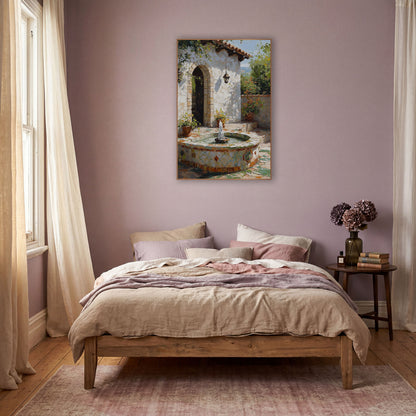 Sunlit Courtyard Tile Fountain Boho wall art in a warm boho-style room – sunlit courtyard with a round tiled fountain