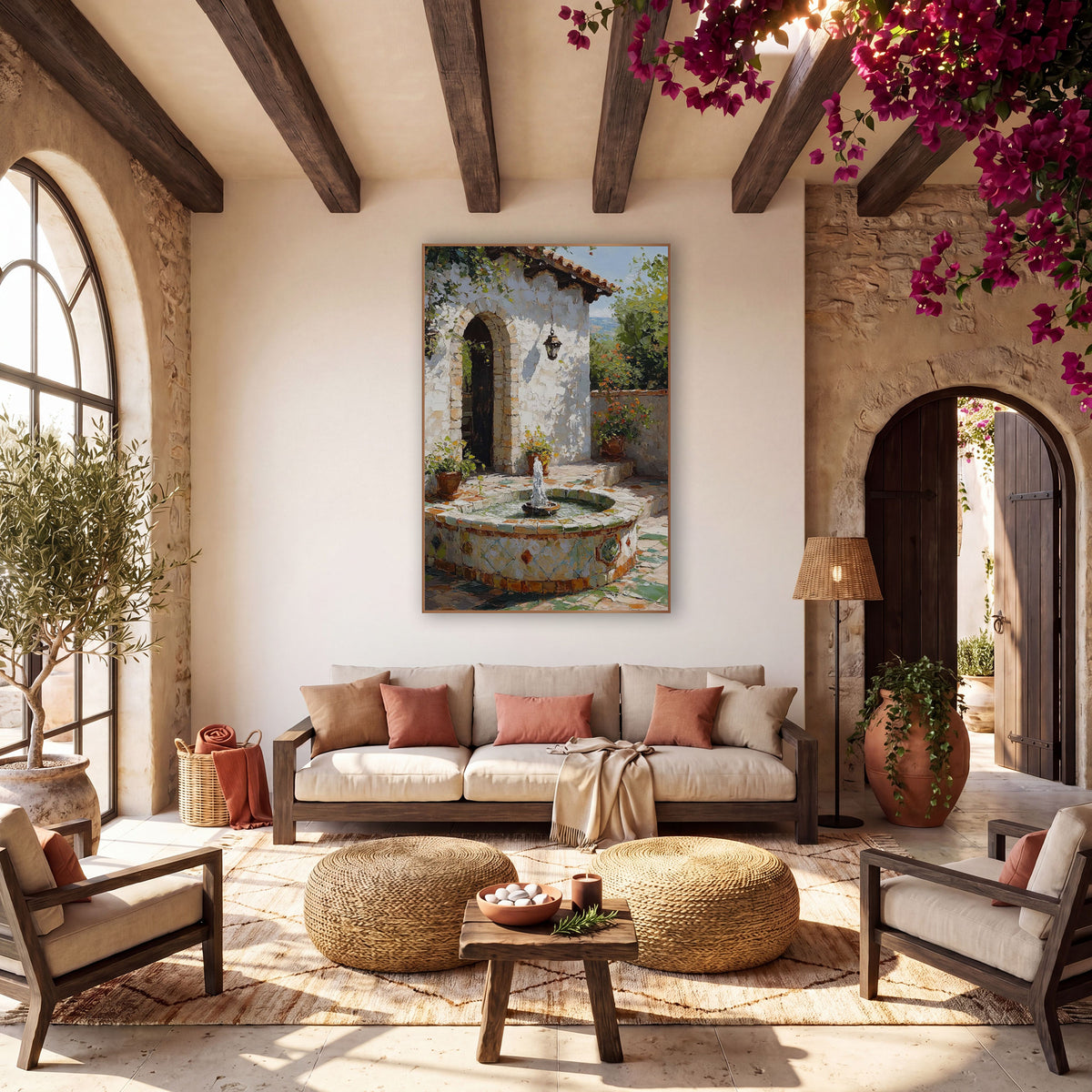 Sunlit Courtyard Tile Fountain Boho wall art in a warm boho-style room – sunlit courtyard with a round tiled fountain