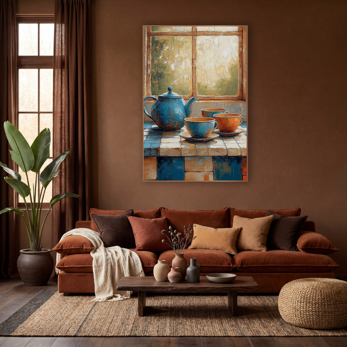 Blue Teapot Tile Counter Rustic wall art in a warm boho-style room – blue teapot and three cups with saucers on a blue