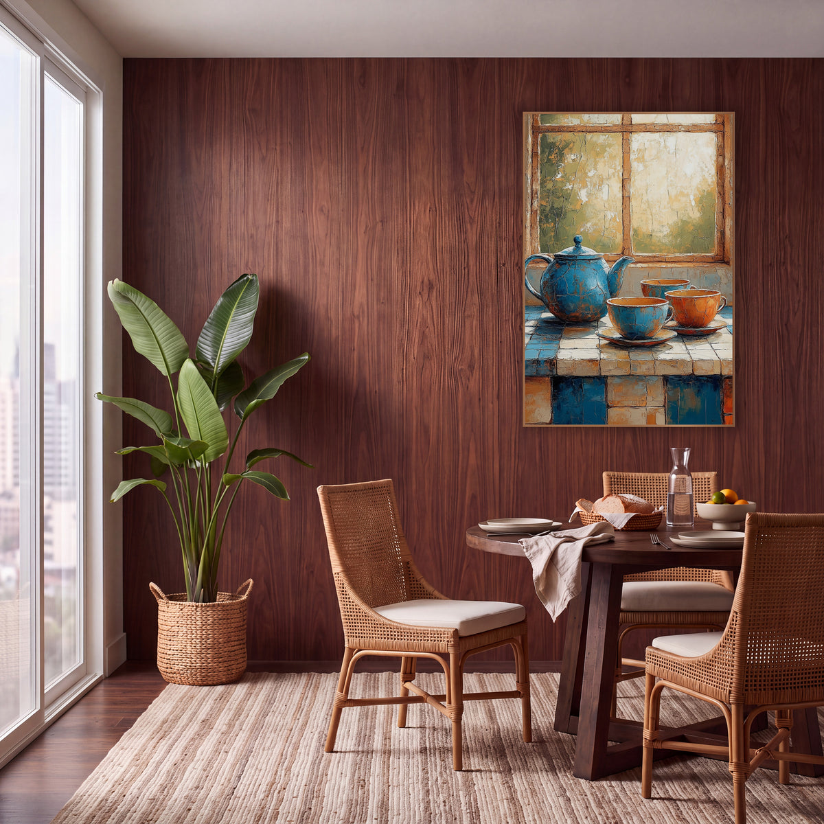 Blue Teapot Tile Counter Rustic wall art in a warm boho-style room – blue teapot and three cups with saucers on a blue