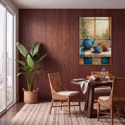 Blue Teapot Tile Counter Rustic wall art in a warm boho-style room – blue teapot and three cups with saucers on a blue