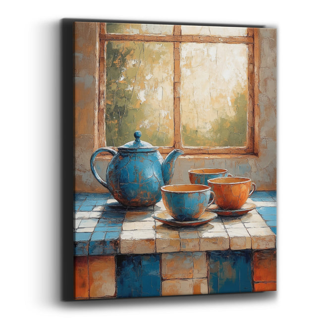 Blue Teapot Tile Counter Rustic Canvas Wall Art