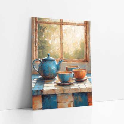 Blue Teapot Tile Counter Rustic art print leaning against a white wall – blue teapot and three cups with saucers on a blue