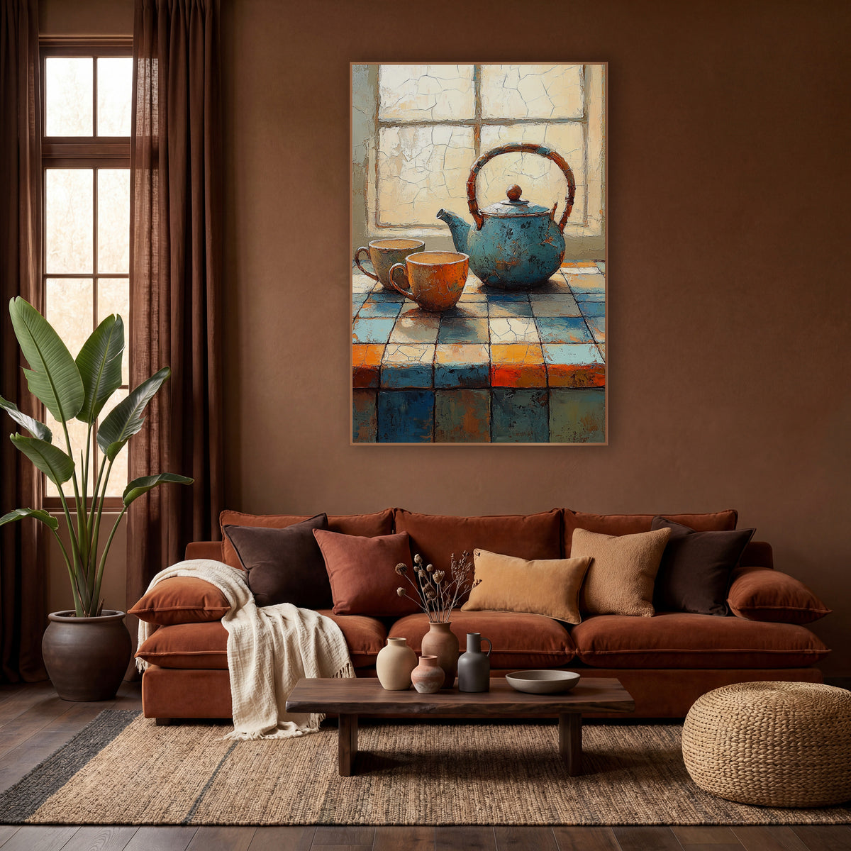 Teal Teapot Tiled Counter Still Life wall art in a warm boho-style room – teal teapot and two orange cups on a blue