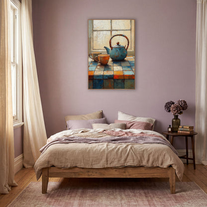 Teal Teapot Tiled Counter Still Life wall art in a warm boho-style room – teal teapot and two orange cups on a blue